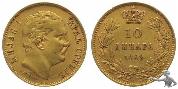 Serbien 10 Dinara 1882 V - Milan I. - Gold